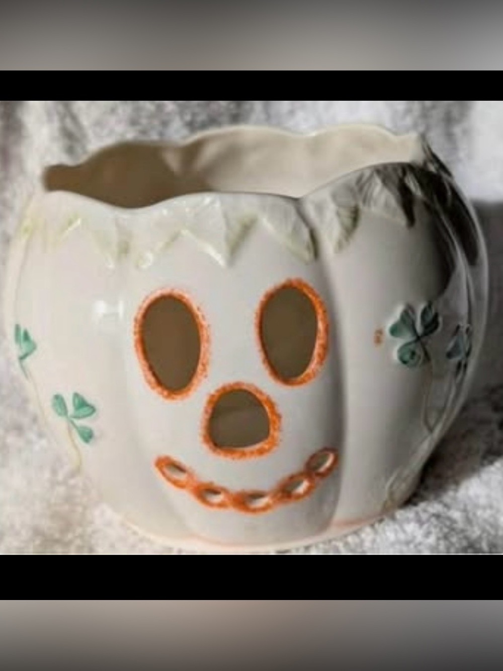 Belleek Shamrock Jack O Lantern Pumpkin Votive Candle Holder 3 1/2 ' high